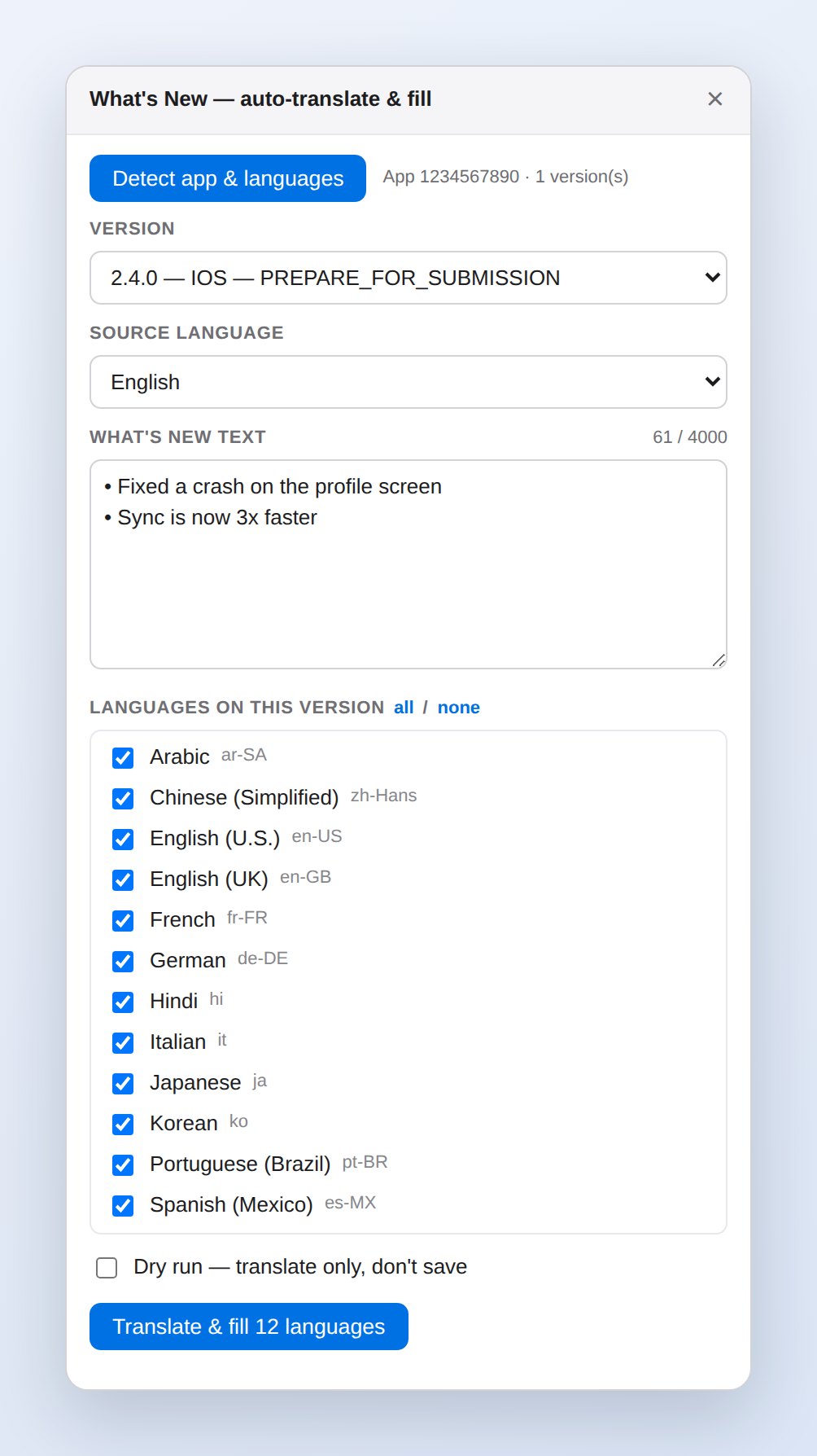 The panel listing twelve detected languages with checkboxes